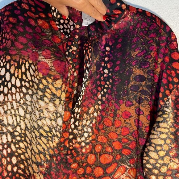 Natori Ladies Blouse Large Red Orange Satin Animal Print Tunic Oversized Relaxed - Picture 6 of 11